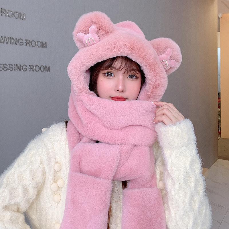 Women's Winter Rabbit Plush Hat, Scarf & Gloves Set - Cute, Thick, and Windproof.