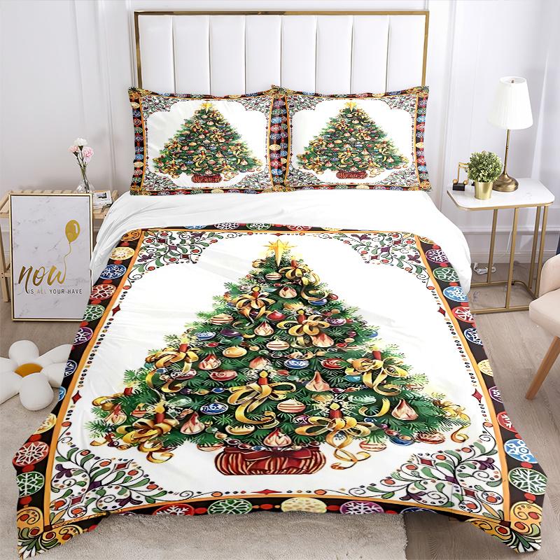 3pcs Christmas Tree with Star Beaded Holiday Bedding Set Includes One Quilt Cover and Two Pillowcases (No Core) - Festive Decorative Bedding for Bedro