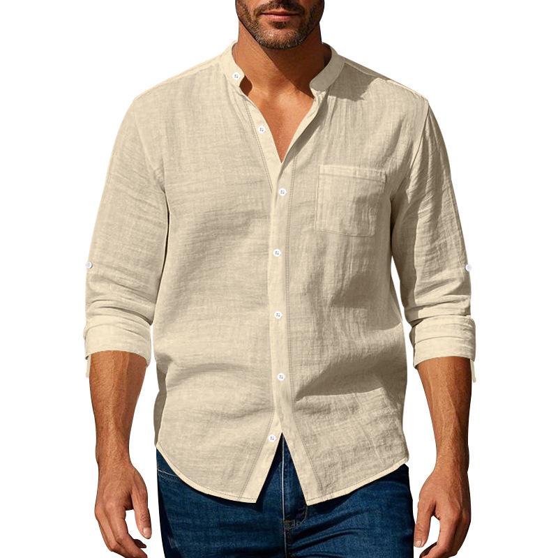 Linen Shirt with Long Sleeves and Stand Collar Breathable Casual Men's New Chinese-Style Pocket Shirt