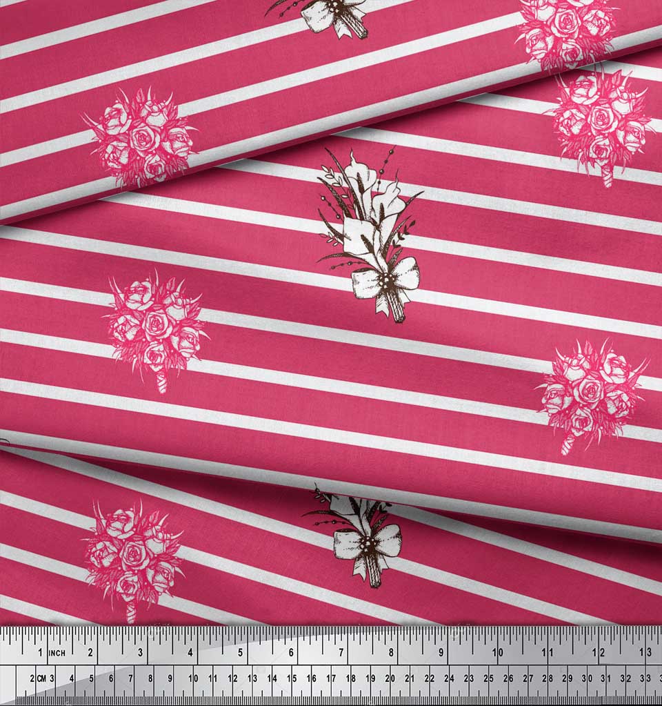 Soimoi Pink Japan Crepe Satin Fabric Stripe & Rose Bouquet Floral Fabric Prints By metre 42 Inch