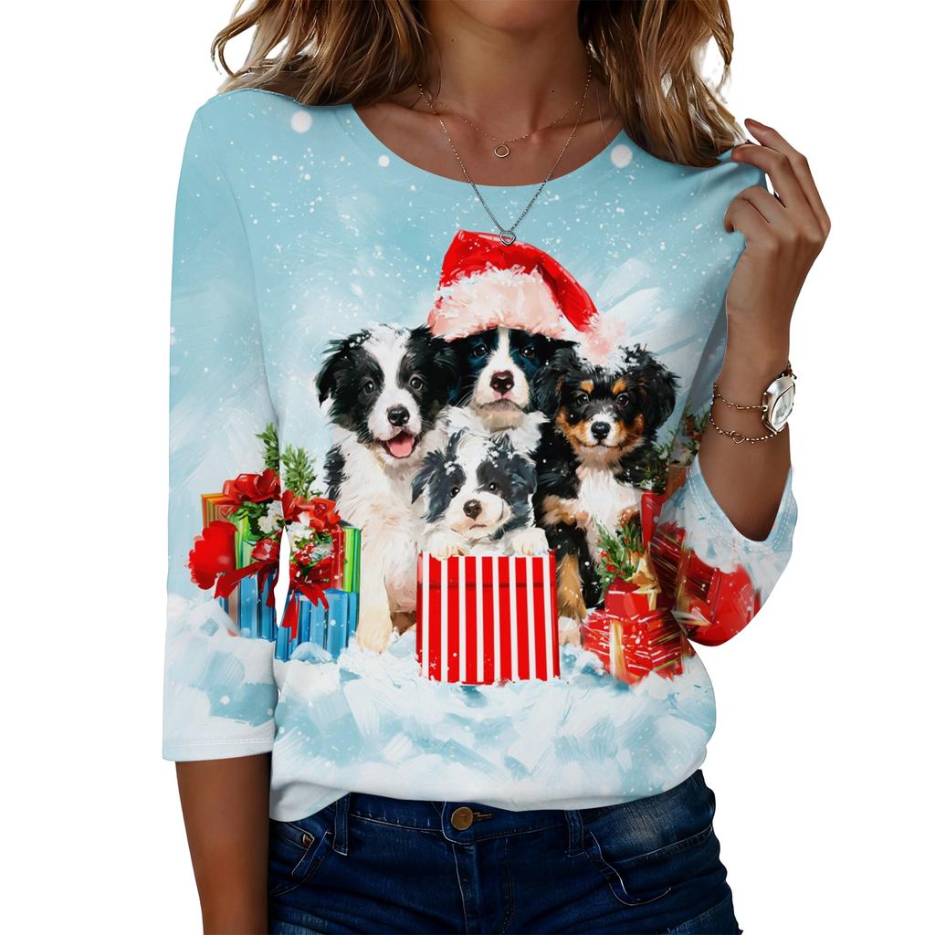 Damen Lässiges Weihnachts-Print-Oberteil mit Dreiviertelärm