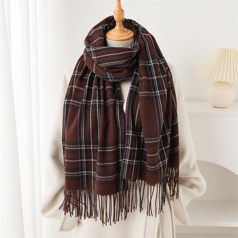 Vintage British Atmosphere Plaid Long Autumn And Winter Warm Scarf Women'S Shawl Versatile Commuter Fringed Imitation Cashmere Scarf