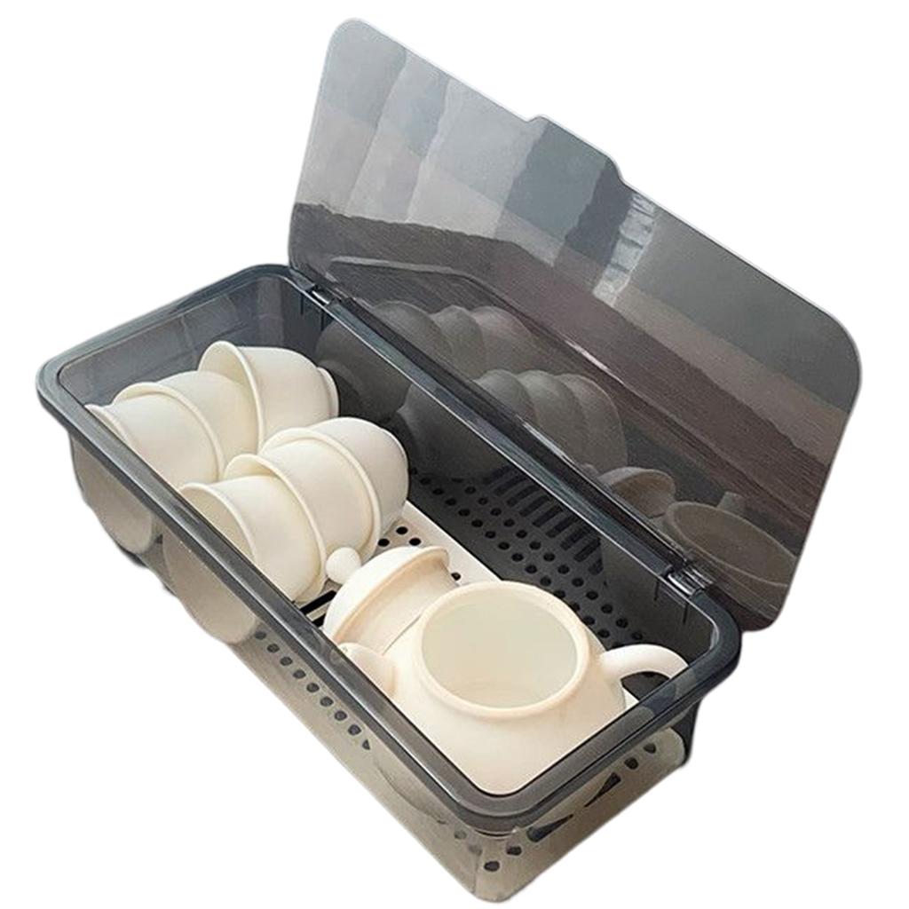 Tea Set Storage Box Transparent Cutlery Tray With Lid Drain Large Capacity Dustproof Cutlery Holder Desktop Dustproof With Cover