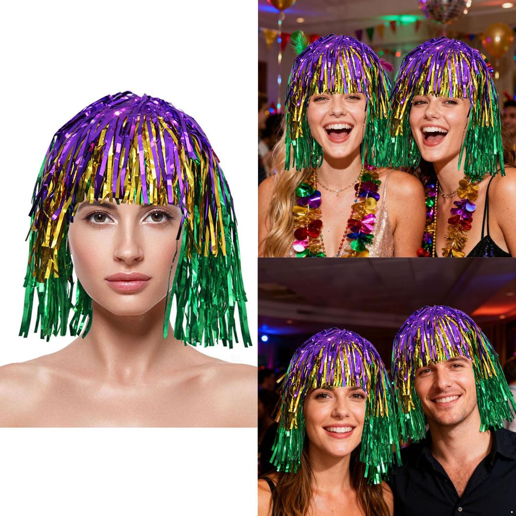 Women’s Purple-Gold-Green Tinsel Wig – Shiny Costume Hair for Carnival, Cosplay & Photo Booth Parties
