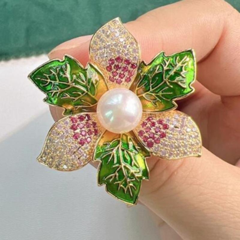 Elegant Colorful Bauhinia Flower Brooches for Women Luxury Pearl Rhinestone Enamel Green Leaves Corsage Accessories Wedding Pin