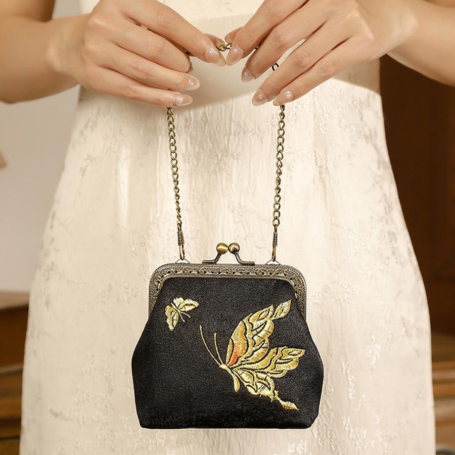 Embroidery Clip Lock Women's Coin Purse Retro Bifold Kiss Lock Small Wallet Simple Chains Lipstick Portable Pocket Clutch Bags