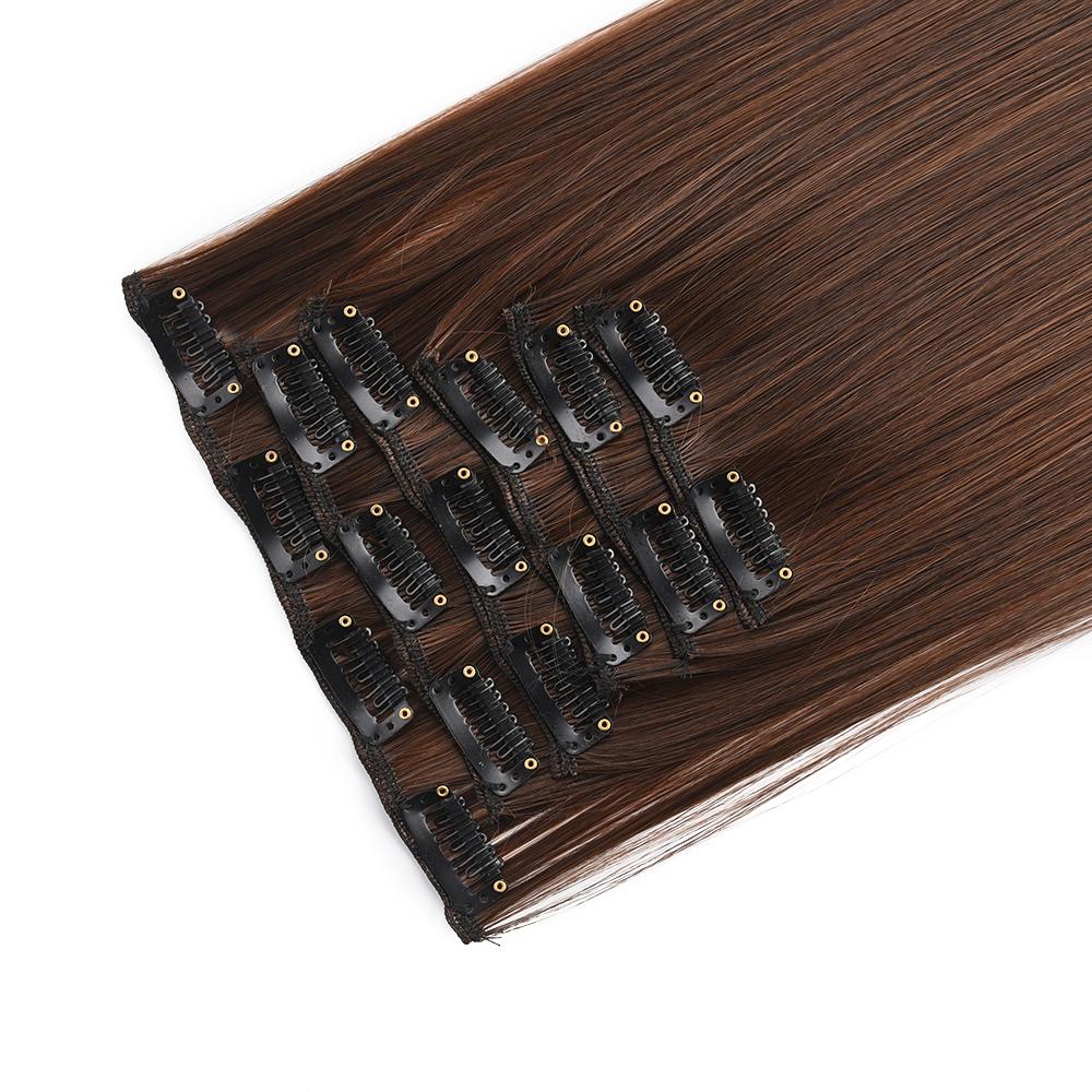 Postiche 6 pièces/ensemble Extensions de cheveux à clips pour tête entière Cheveux longs raides Couleur blond marron
