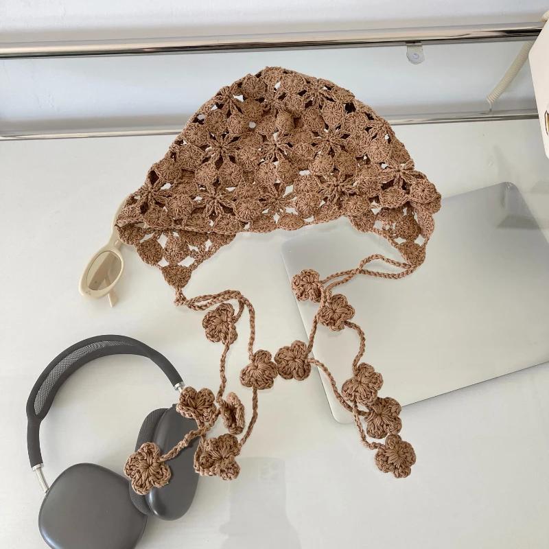 2025 New Thin Hollow Handmade Crochet Knitted Hats for Women Spring and Summer Travel Versatile Concave Strap Beanies Caps