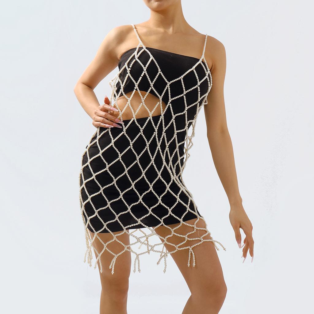 Elegant Pearl Hollow Long Tassel Dress Retro Exaggerated Heavy-duty Camisole Body Chain