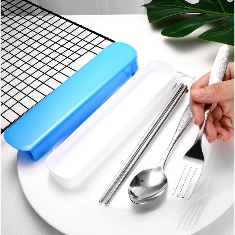 Stainless Steel Tableware Set Portable Tableware Three-piece Set Wheat Straw Box Fork Spoon Chopsticks Gift