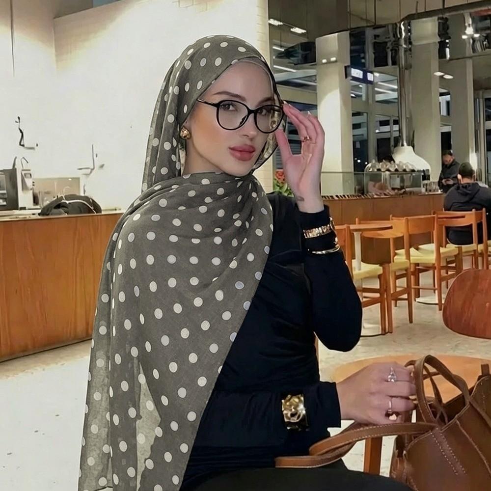 Breathable Cotton Long Scarf Versatile Classic Pattern Headscarf Fashion Polka Dot Shawl Office Style C
