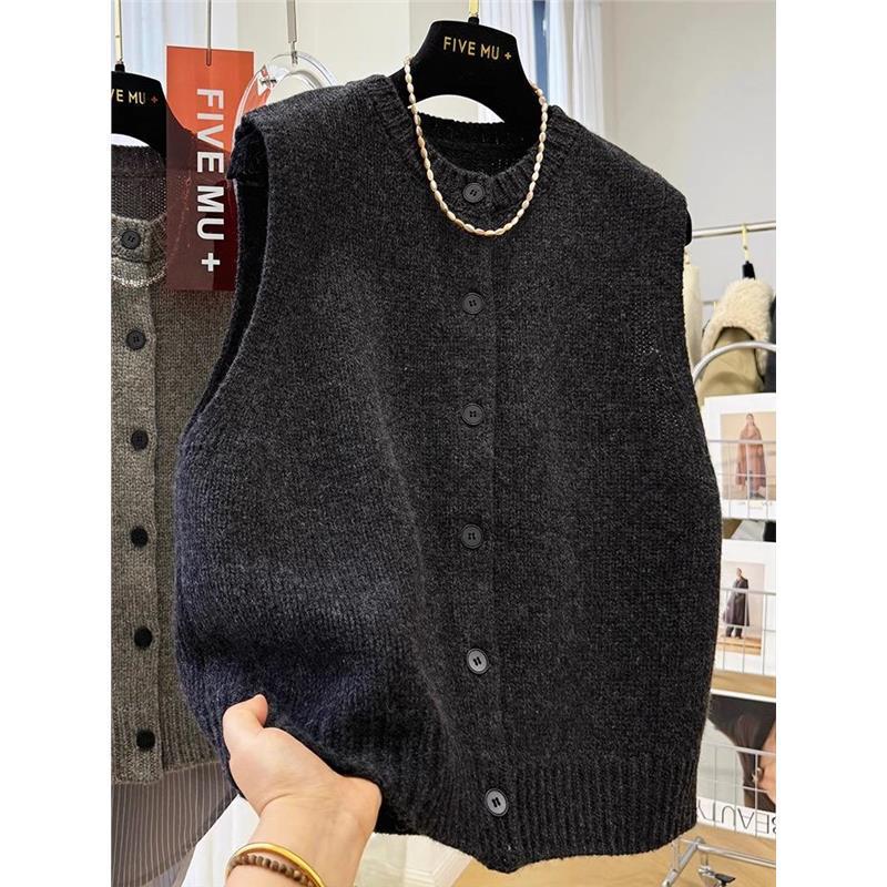 Women's Dark Grey European Style Sleeveless Sweater Vest - Autumn/Winter Knit Cardigan with Round Neck