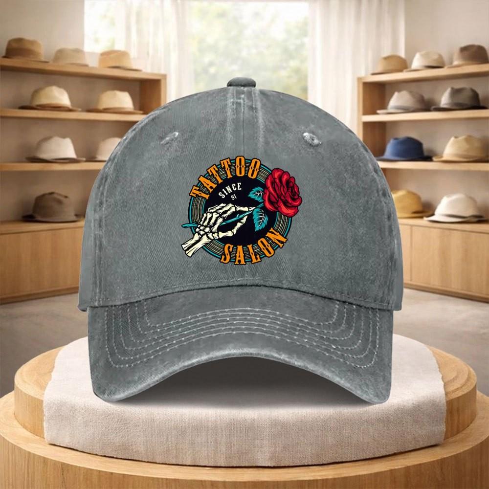 Tattoo Salon Skeleton Rose Baseball Cap Washed Denim Adjustable Vintage Streetwear Hat Unisex