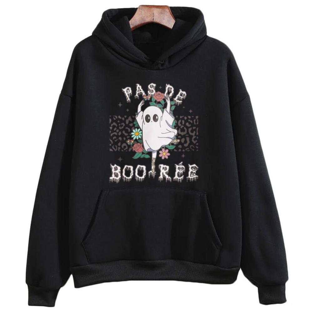 Pas De Boo-rée Leopard Ghost Halloween Hoodie Unisex Trendy Streetwear Hooded Sweatshirt Long Sleeve Casual Autumn Pullover