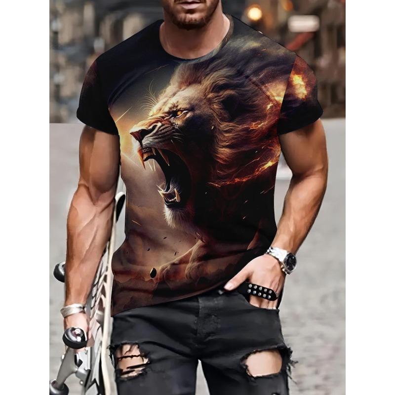 Fashion Animal Lion Print Short Sleeve Crew Neck Top Loose T-Shirts Men’s XS