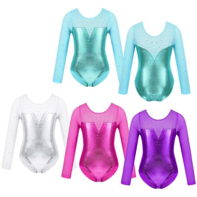 Gymnastiek Turnpakje Meisjes Kids Mesh Lange Mouw Sparkly Strass Metallic Ballet Dans Turnpakje