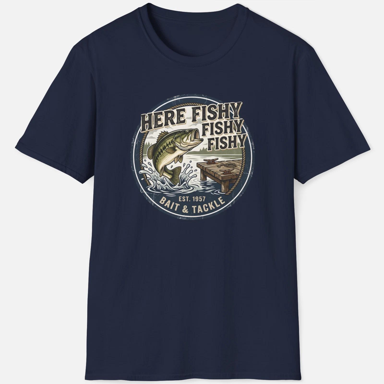 Here Fishy Fishy Fishy Shirt – Funny Fishing Graphic Tee L
