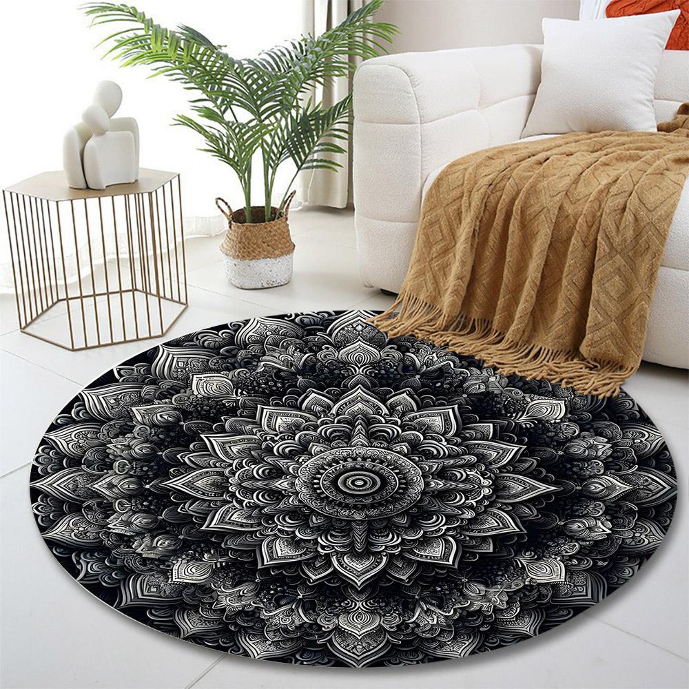 Mandala Pattern In Black and White Print Round Rug, Living Room, Bedroom, Playroom Carpet, Non Slip Floor Mat, Gift