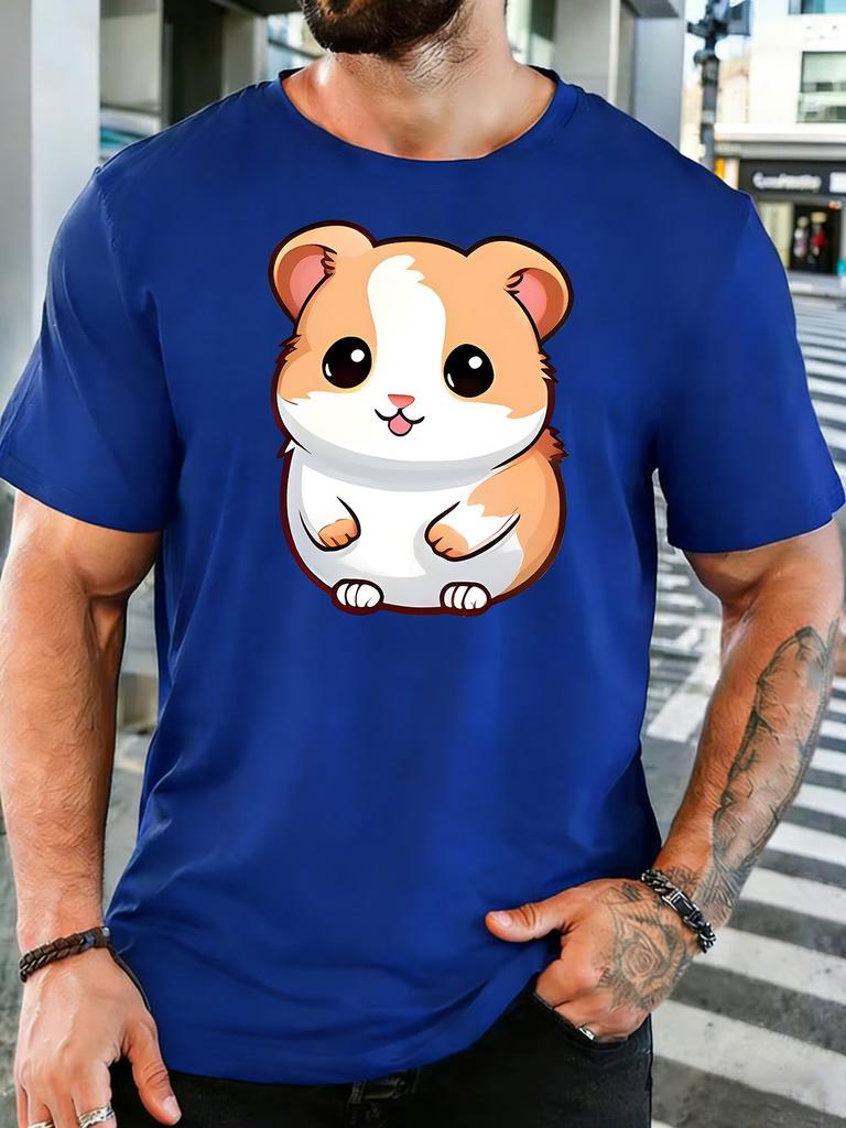 Cute Fluffy Cartoon Hamster Big Eyes Graphic Unisexs Cotton Crew Neck Tee Short Sleeve Loose Lovely Casual Daily Street Male Top