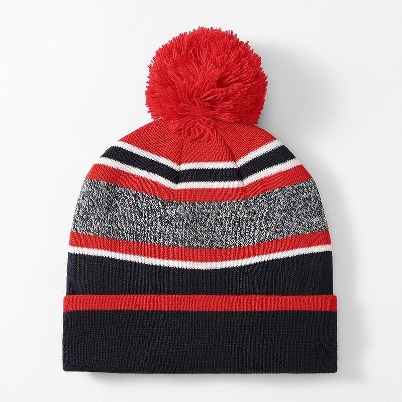 Kids Winter Knit Beanie Hat With Pom Stripe - Warm Windproof Wool Blend Cap Boys Girls Ages 4-6 Red