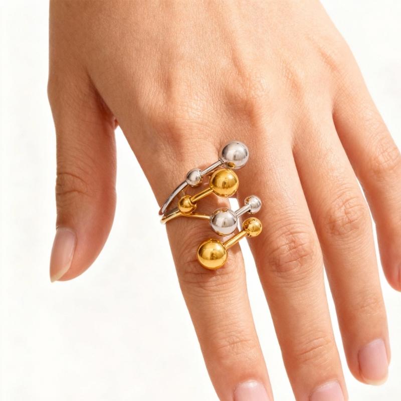 Chic Ring With Gold And Silver Color Mix Double Opening Adjustable Feature Spherical Ball Elements For Trendy Accessories