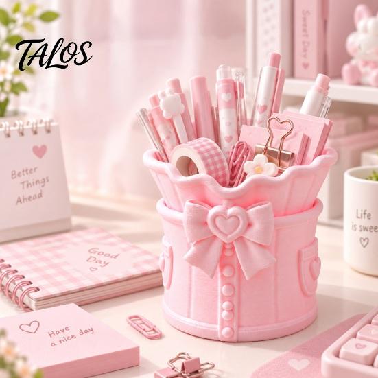 Desktop Organization Cup Pink Bow Makeup Brush Holder, 3D Printed Desk Organizer, Cosmetic Holder Brushes & Pen Storage for Vanity Decoration