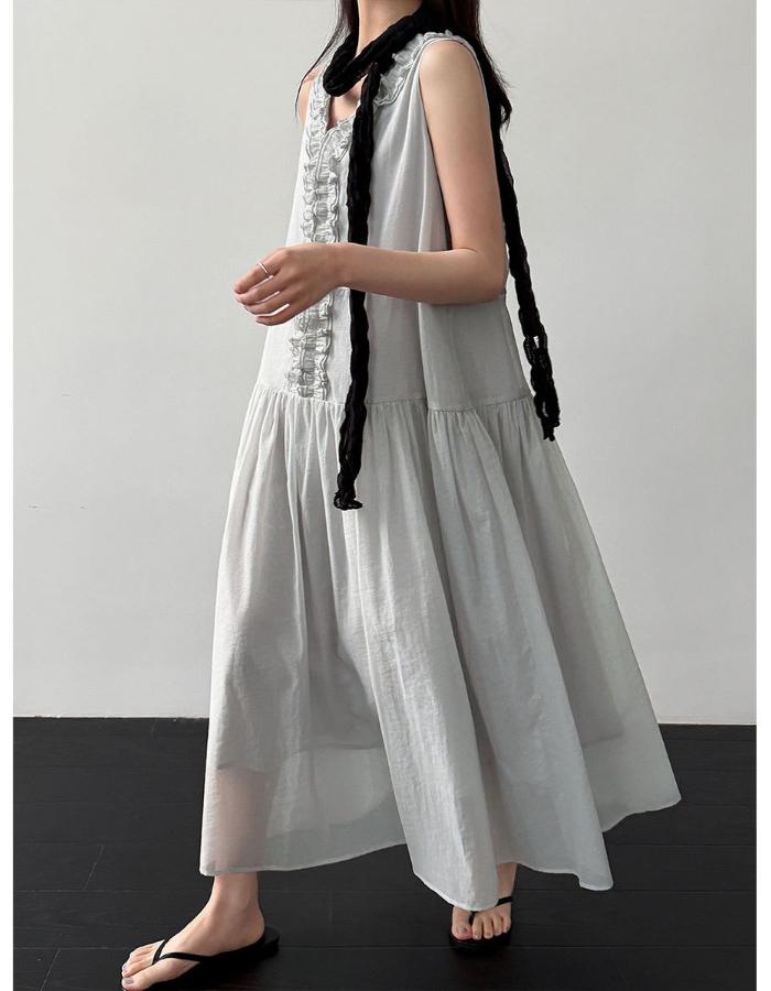 Johnature French Clear Fungus Edge A-line Korean Casual Loose Dresses Women Summer Sweet V-neck Sleeveless Dress
