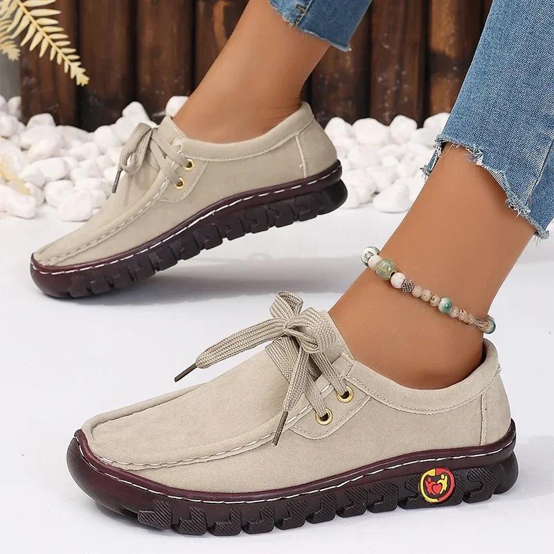 Autumn Womens Casual Shoes 2025 New Lace Up Faux Leather Loafers Shoes Comfortable Soft Sole Mom Shoe Women Flat Sneakers Ladies