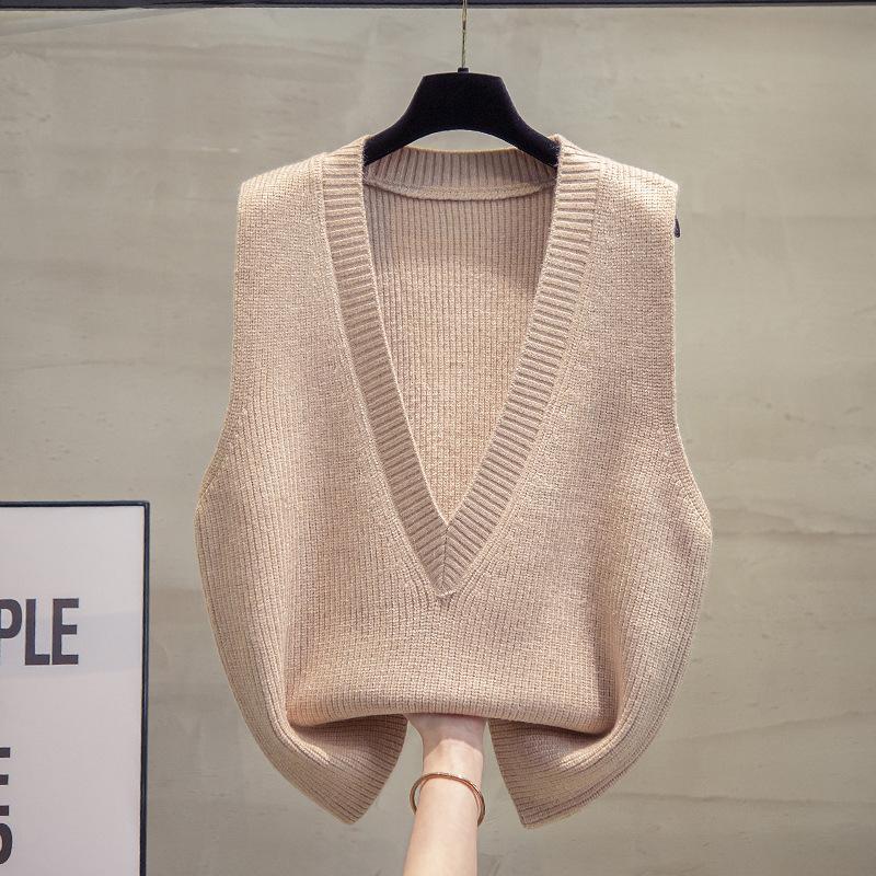 Deep V-neck Knitted Vest Vest Women's Spring and Autumn Loose Waistcoat Outer Wear Clothes Outer Wear Sweater Waistcoat