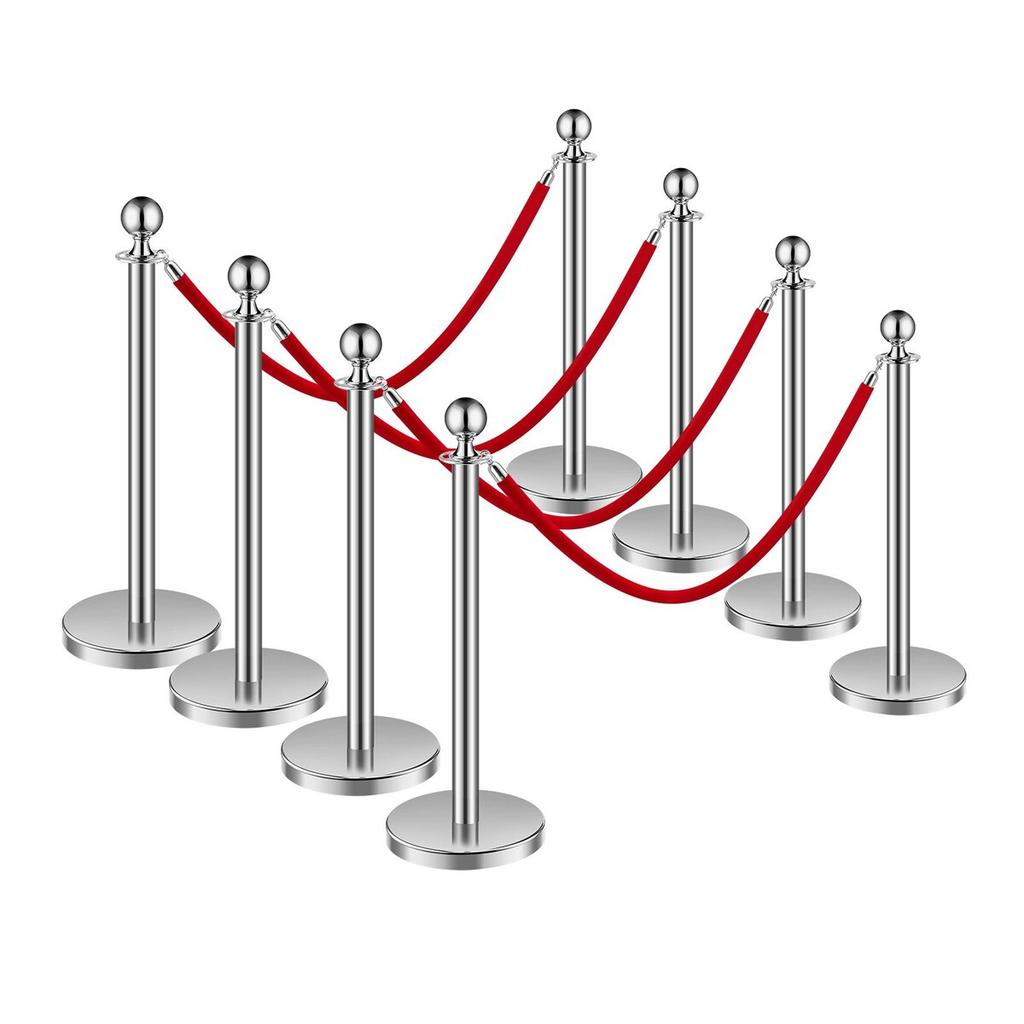 8 Pcs Silver Stanchion Post 4 Red Velvet Ropes Sand Injection Hollow Base