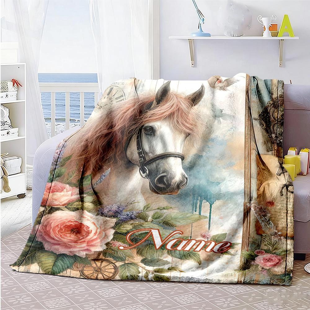 Flowers Horses Customize Your Name Blanket Throw Customizable Blanket Soft Warm Cozy for Office Chair Seaside Office Sofa Ideal for All Seasons