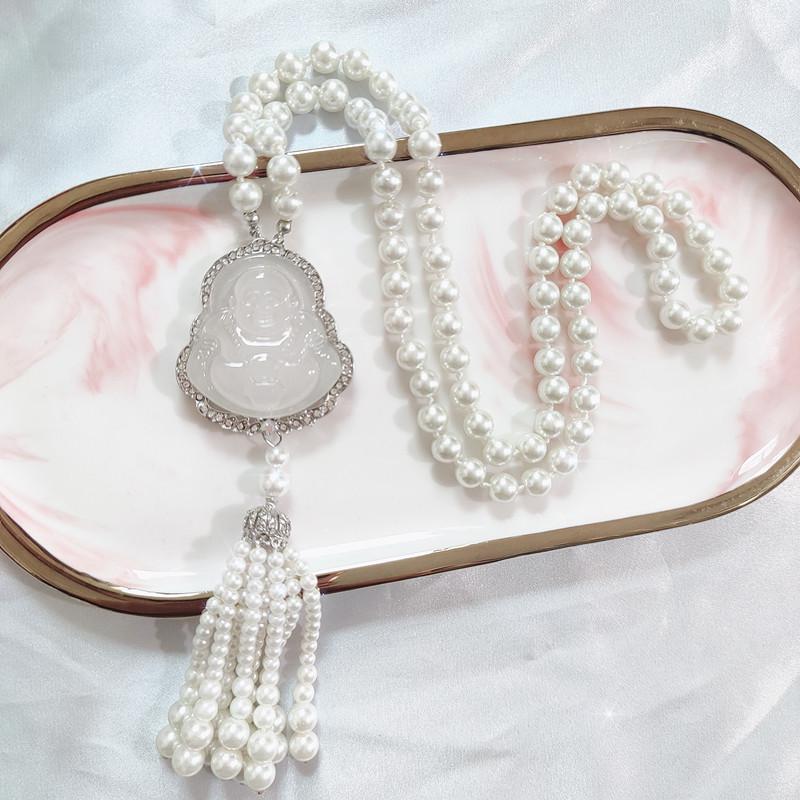 Luxury Imitation Chalcedony Buddha Sweater Chain Necklace - Autumn/Winter Fashionable Versatile Accessory for Women