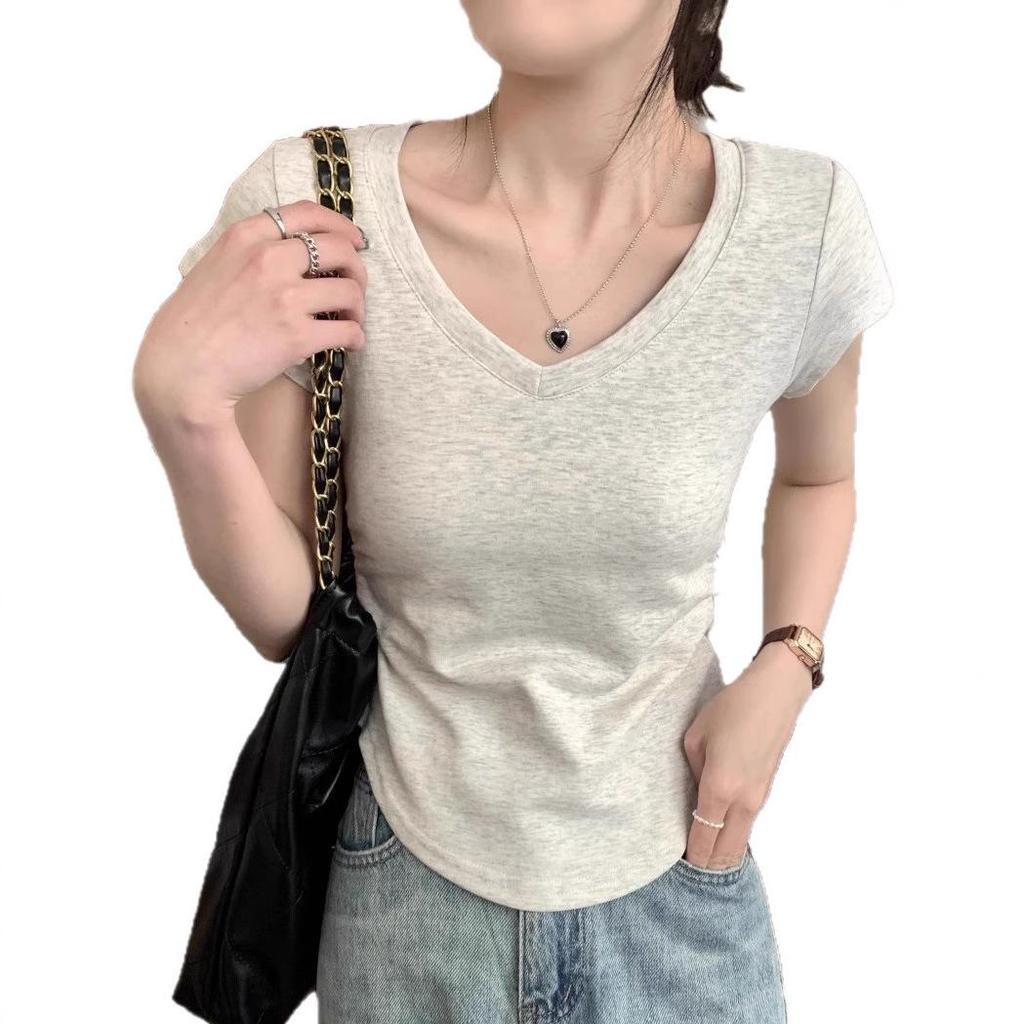 Women's Summer Slimming Pleated V-Neck Cropped T-Shirt, Pure Cotton, Short-Sleeved, Trendy 2026.