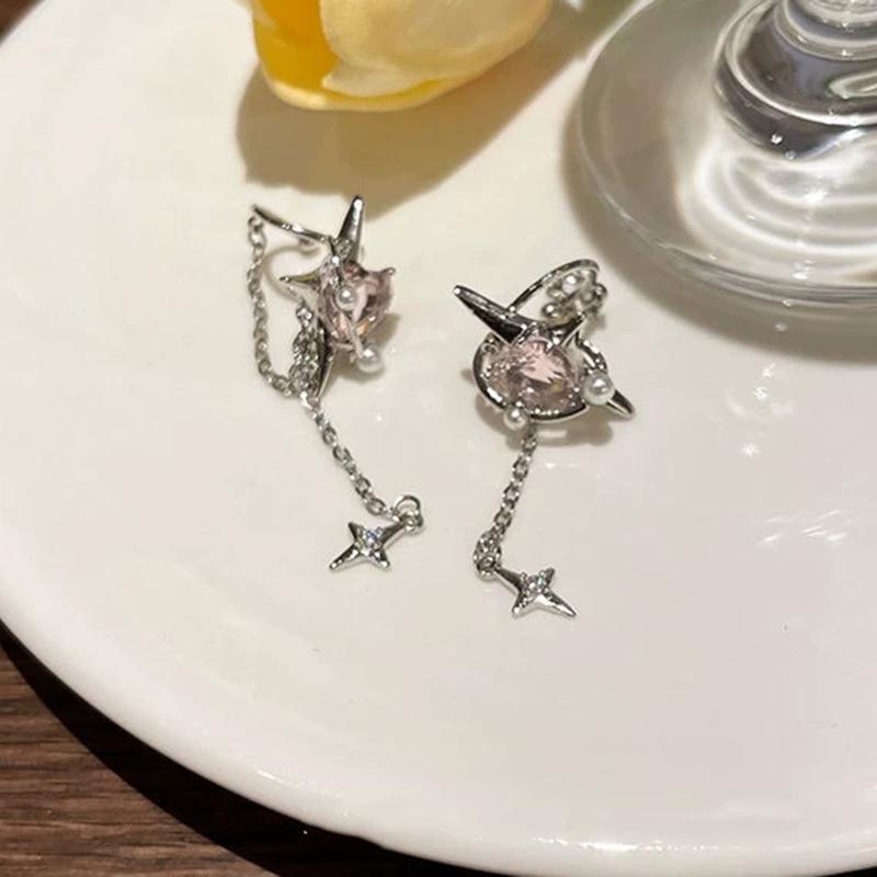 Romantic Zircon Heart Star Dangle Earrings for Women Sweet Pink Opal Long Tassel Chain Ear Cuffs Y2K Accessories Fine Jewelry