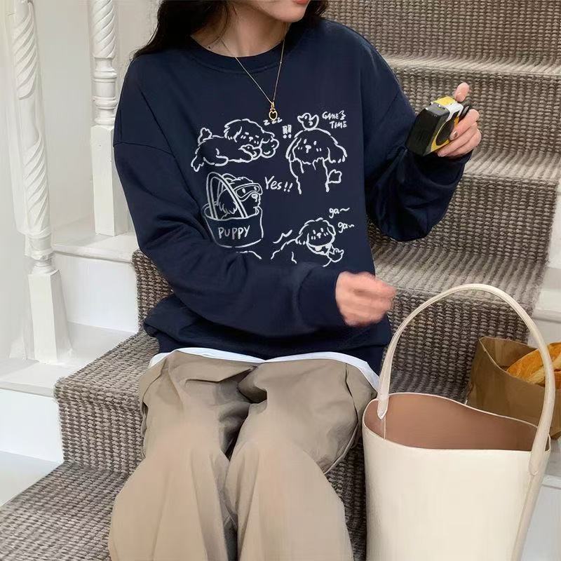 Women's Crew Neck Sweatshirt Cute Puppy Cartoon Print Oversize Loose Casual Fall Long Sleeve Pullover