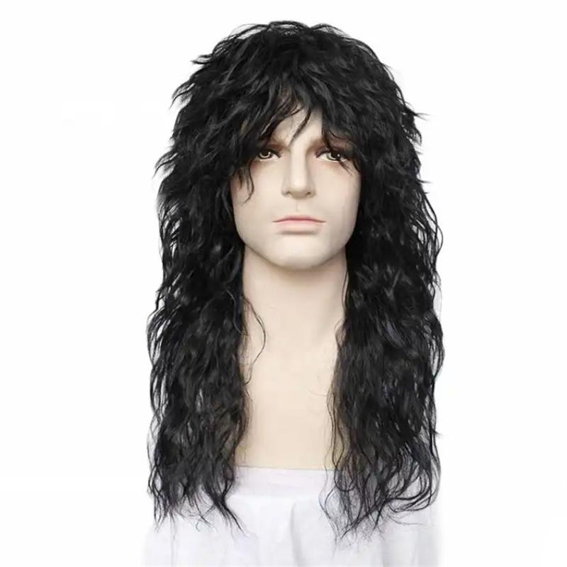Perruque synthétique noire naturelle cheveux longs bouclés pour hommes usage quotidien avec frange cadeau patient atteint de cancer tenues perruque pour soirée costumée