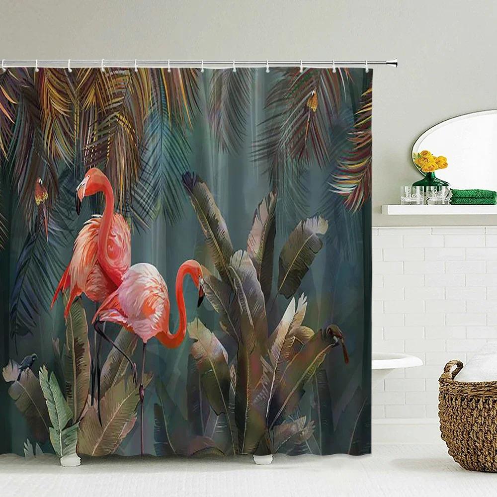 Flamingo Shower Curtains Green Leaf Bathroom Waterproof Polyester Fabric Printing Shower Curtain Decoration Bath Screen
