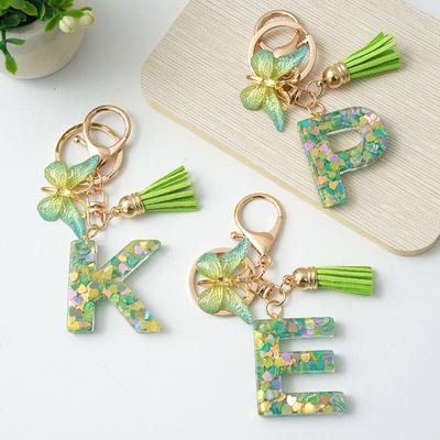 A-Z Initial Letter Keychain Green Butterfly Tassel Letter Charm Bag Pendant Couple Key Holder Pendant For Friend Gifts