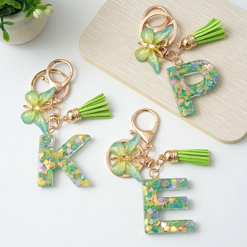 A-Z Initial Letter Keychain Green Butterfly Tassel Letter Charm Bag Pendant Couple Key Holder Pendant For Friend Gifts