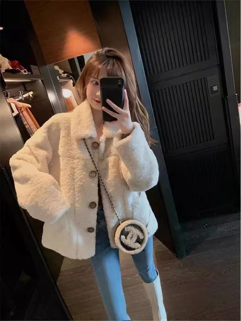 

Women s Faux Lamb Wool Coat - Autumn/Winter Loose Long Sleeve Thickened Korean Style Versatile Jacket Large абрикосовий