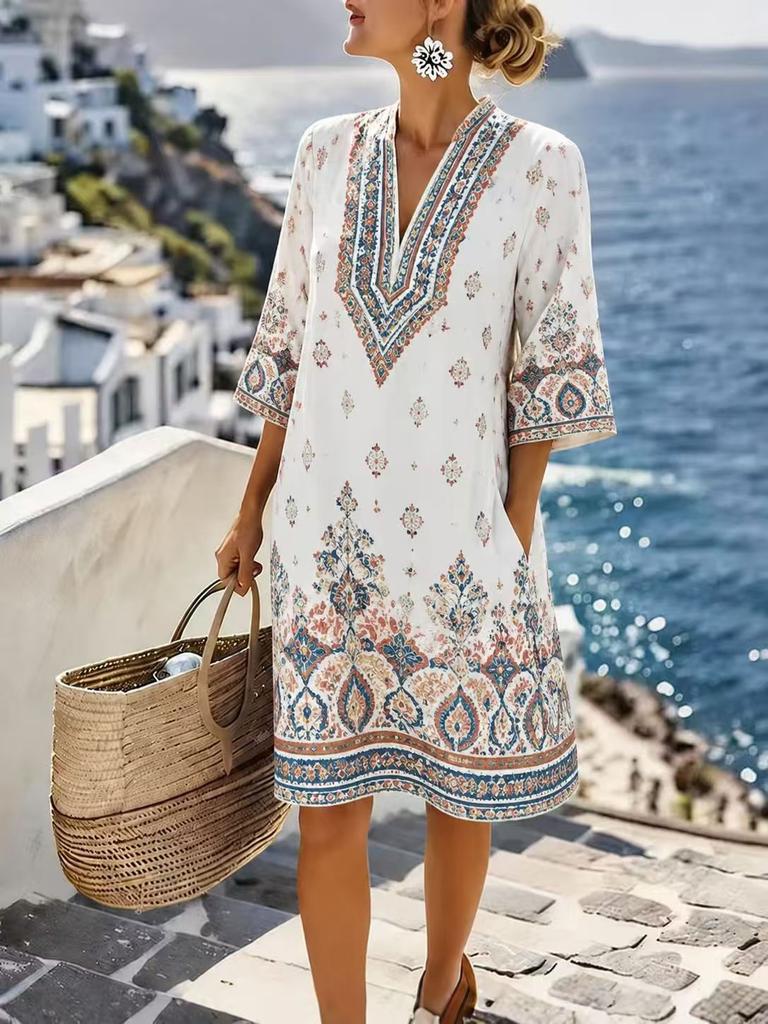 Summer new European and American style V-neck striped loose beach dress casual short sleeve sun protection seaside vacation