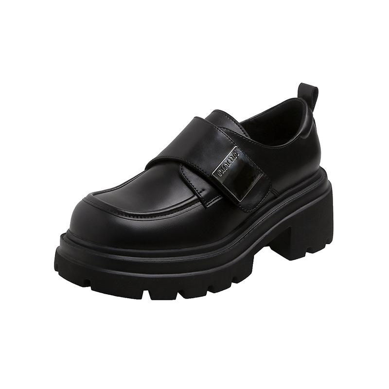 Platform shoes women's spring and autumn new leather retro British style versatile brown square buckle Velcro single shoes
