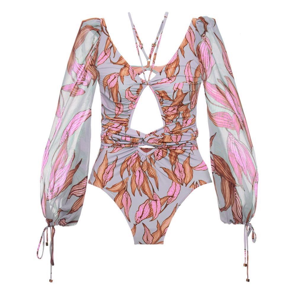 European & American Women's Sexy Gathered Long Sleeve One-Piece Print Swimsuit
