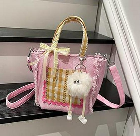 Korean Style Plaid Lace Bucket Handbag - Cute Bow Crossbody