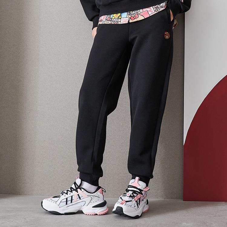 Li Ning X Line Friends Collaboration Cartoon Embroidered Cuffed Running Sports Pants Women Pants Black AKLQ974-1