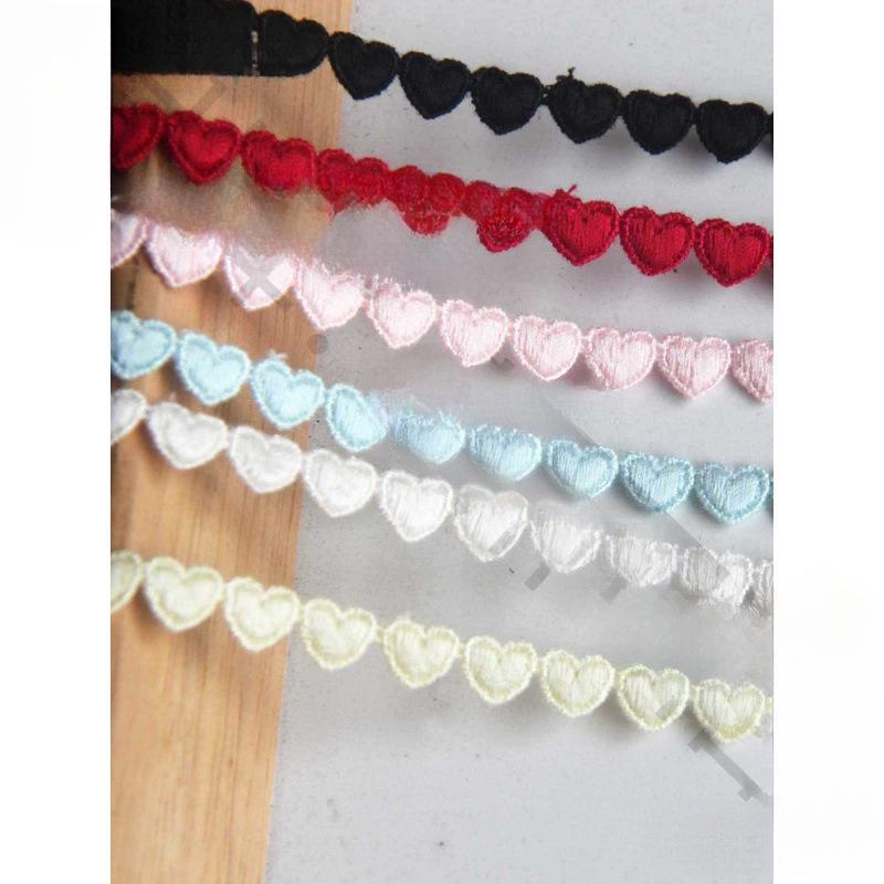 F22 Japanese Mercerized Cotton Embroidery Lace Trim with Small Heart Design, 0.8cm Width, for Skirt Hem Decoration and DIY Clothing.