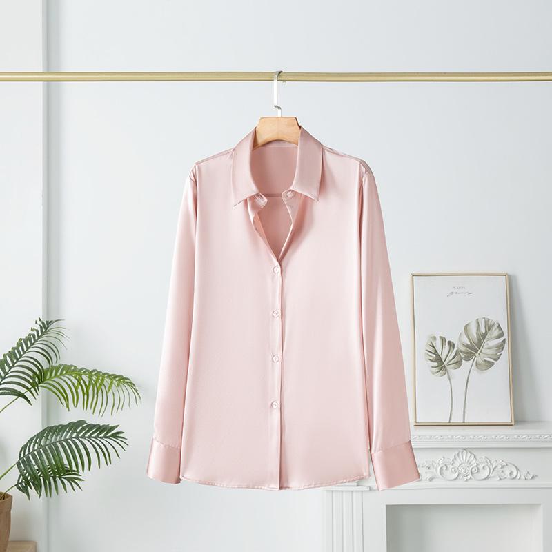 

Women s Mulberry Silk White Satin Shirt - Long-Sleeved, Loose Fit, Elegant Commute Top Medium рожевий