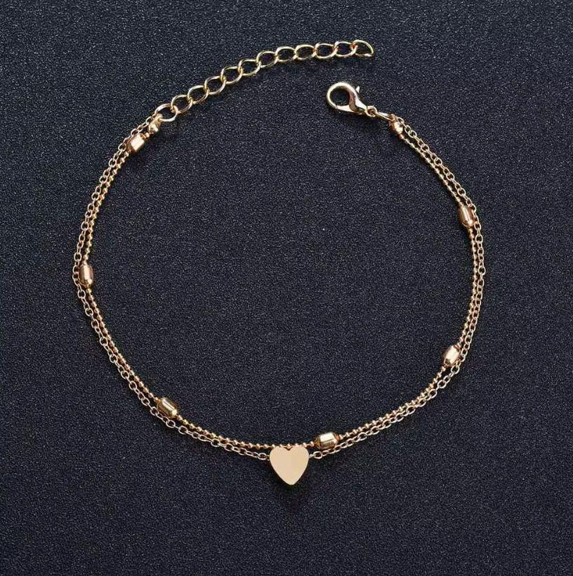 Single-piece Women's Gold Double-layered Heart Anklet, Simple Beach Foot Jewelry, Suitable for Beach Vacations and Leisure Activ
