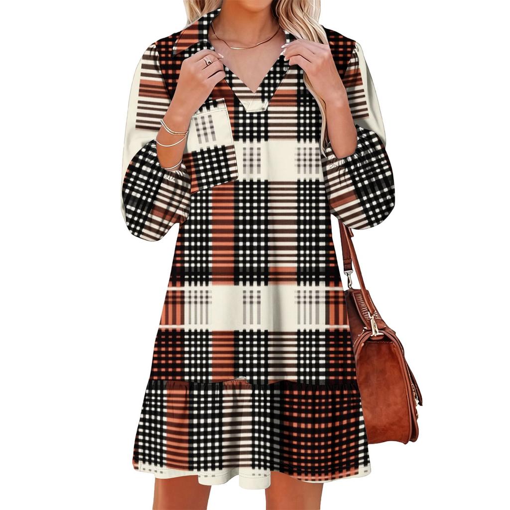 Women's fashionable and elegant long-sleeved V-neck pocket plaid print dress