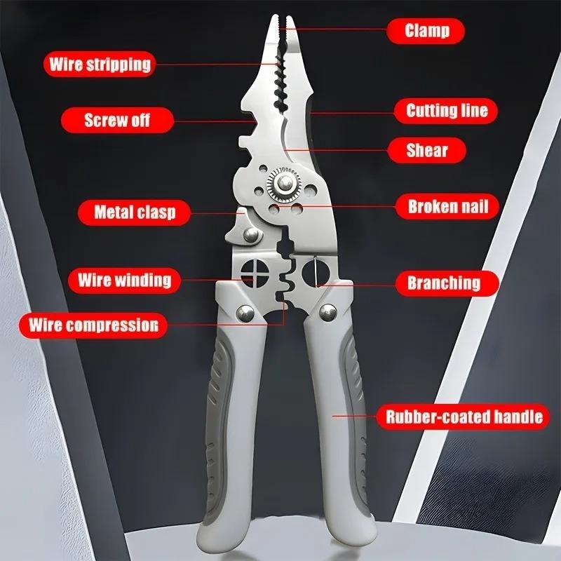 Heavy Duty Multi-Function Electrician Pliers - 8.5" Spring-Loaded with Tempered Steel Jaws for Stripping, Cutting & Crimping